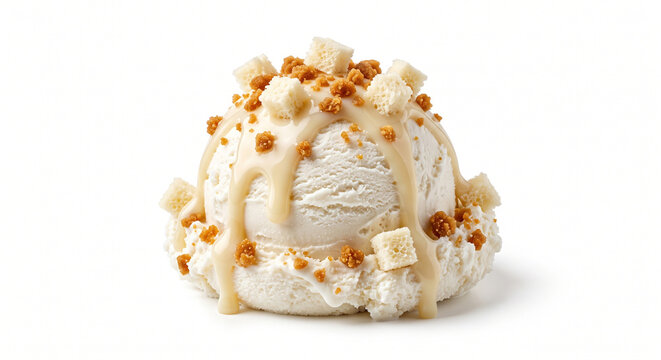 Tres Leches Ice Cream &mdash; rich tres leches ice cream scoop, creamy white texture, decorated with condensed milk drizzle, caramelized milk crumbs and tiny sponge cake cubes, ultra-realistic,