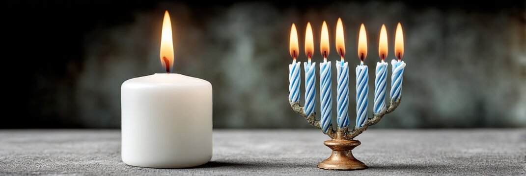 Chanukah menorah and single candle lit, celebrating holiday traditions