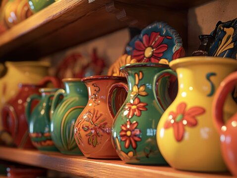 A beautiful collection of highly ornate, hand-painted ceramic pitchers, teapots, and cups with traditional floral folk art is displayed on shelves.
