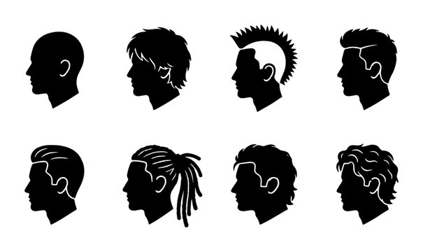 Diverse Male Hairstyles Silhouettes Vector Set, Modern & Classic Haircuts Collection, Graphic Design Elements