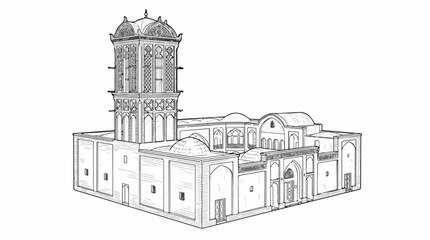 Obraz premium Islamic Architecture Line Art Illustration with Wind Tower and Domes
