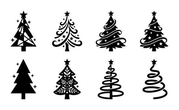 Set of 8 Black Christmas Tree Icons, Festive Vector Graphics for Holiday Design, Winter Celebration Elements