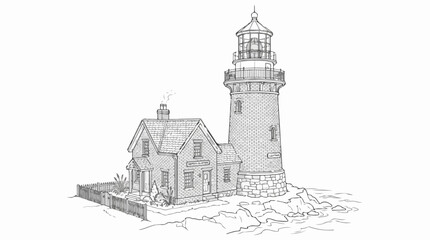 Obraz premium Coastal lighthouse and keeper's cottage line art on rocky ocean shore