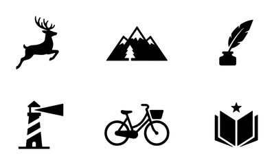 Fototapeta premium Six Vector Icons: Deer, Mountains, Quill, Lighthouse, Bicycle, Open Book, Graphic Elements