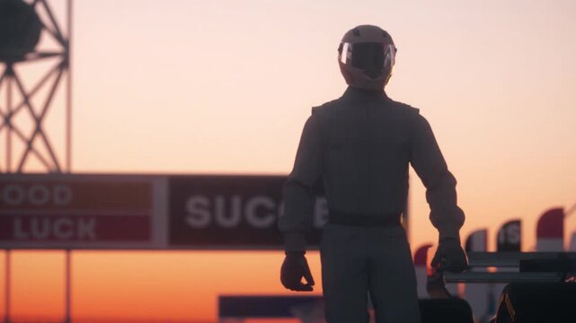 Cinematic Motorsport Scene With Helmeted Racer and Parked Car at Dusk