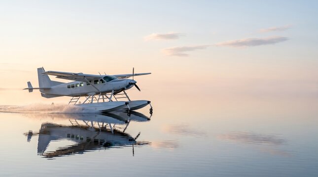 A white seaplane takes off from calm water, creating a spray as it accelerates.