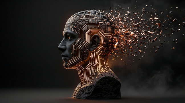 Refined side profile bust representing artificial intelligence with glowing circuit pattern and digital fragmentation against dark background