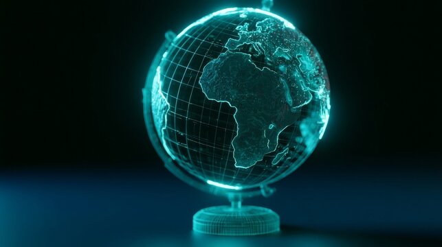 Holographic desktop globe schematic with topographic glow mesh