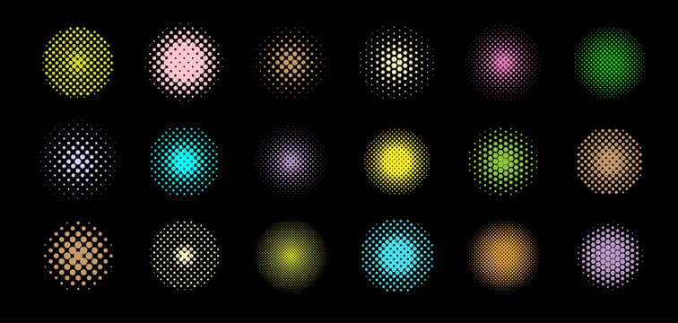 Halftone gradient sunburst element set circle, hexagen pattern color. Faded wallpaper pixelated bitmap for banner, poster, comics, manga, anime decoration vector
