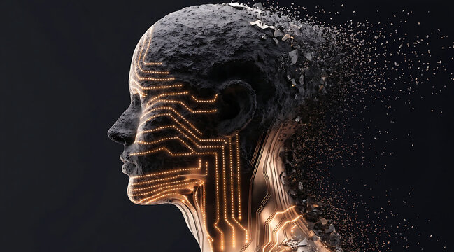 Futuristic human profile with glowing circuit pattern and digital particle disintegration
