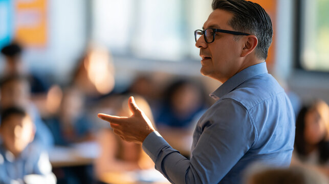 rear view of a mexican american male elementary teacher leading a bilingual classroom lesson in bright daylight, back to camera, education concept, bilingual learning, teaching,