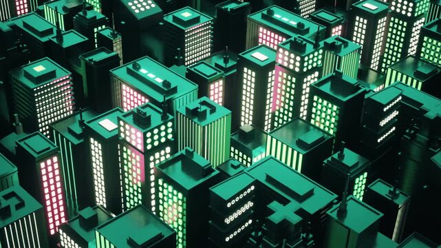 Stylized Aerial View of Neon Metropolis Made From Simple Shapes