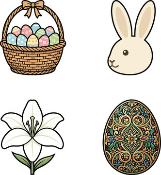 Easter celebration vector element set including egg basket bunny head lily flower and ornate decorated paschal egg illustration