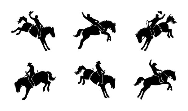 Rodeo Cowboy Silhouette Set: Bucking Horse Action, Equestrian Sport, Western Lifestyle Vector Icons