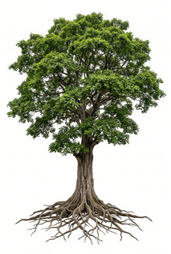 Bubinga (Kevazingo) &mdash; Mature Bubinga Kevazingo tree, massive dense tropical canopy, thick trunk, exposed visible roots, 23 ratio, isolated on seamless pure white background