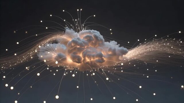 Fluffy cloud with glowing particles in soft digital style on dark background, concept of energy flow and imagination