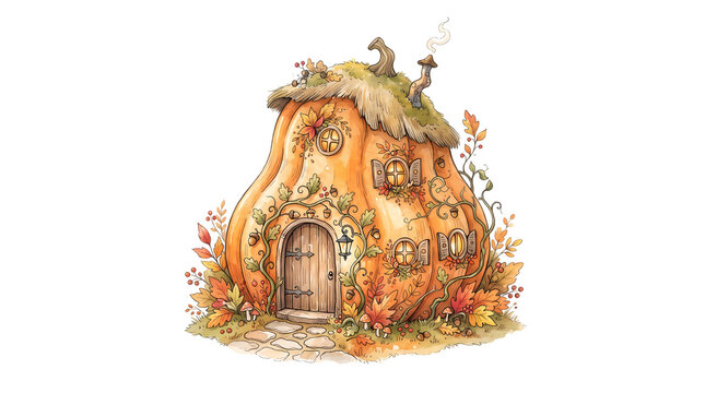 Storybook pumpkin house with thatched roof, round windows, and autumnal vines and leaves.