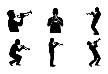 Trumpet Player Silhouettes, Jazz Musician Poses, Musical Performance Vector Icons Set © Md