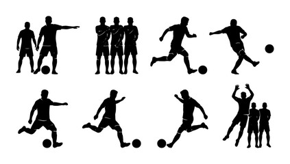 Obraz premium Soccer Player Silhouettes, Dynamic Action Poses Vector Set: Kicking, Running, Team Groupings, Sports Graphics