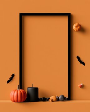An artistic image showcasing a black frame with various Halloween decorations such as pumpkins and a candle, elegantly placed on an orange background to evoke festive vibes.