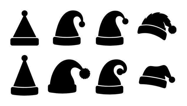 Set of 8 Black Christmas Santa Hats, Festive Holiday Headwear Icons, Winter Celebration Accessories, Vector Graphics
