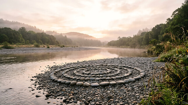 A stone spiral formation resting on the misty riverbank during a peaceful sunrise.