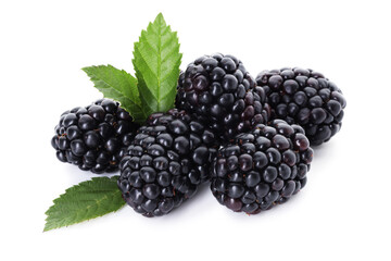 Pile of ripe blackberries and leaves isolated on white © New Africa