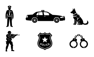 Police Icons Set: Officer, K9 Dog, Patrol Car, SWAT, Badge, Handcuffs, Law Enforcement Vector Graphics © Kazol