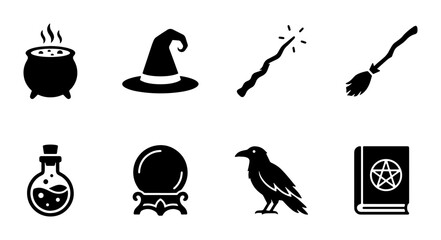 Fototapeta premium Witchcraft Icons Set: Magic Hat, Potion Bottle, Crystal Ball, Broom, Raven, Spellbook, Cauldron, Wand