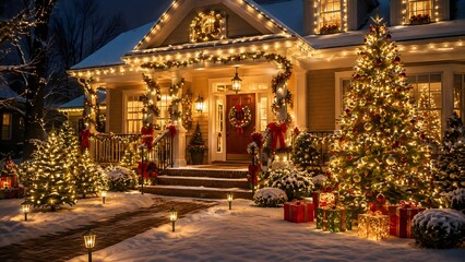Obraz premium Festively decorated suburban house with christmas trees and lights glows during winter