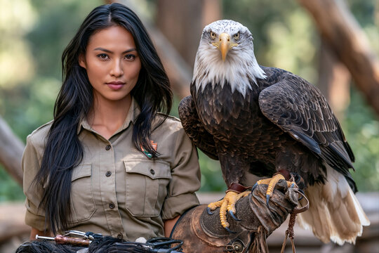 Native American female ranger holding bald eagle on her hand. Veterinary medicine, ornithology and wildlife protection concept. Lifestyle portrait for poster, visual material