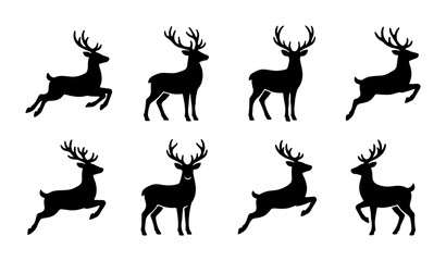 Fototapeta premium Elegant Deer Silhouettes, Majestic Antlered Wildlife, Nature Animal Icons, Vector Graphic Elements for Design