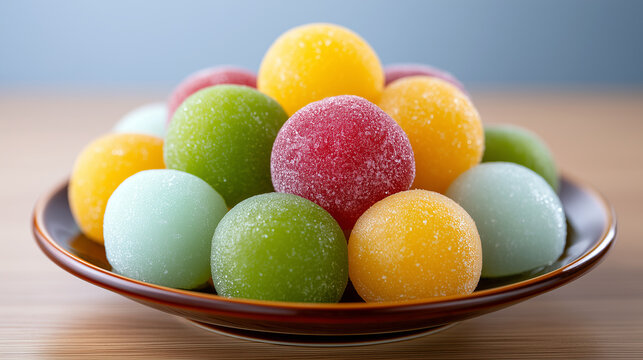 A dish of colorful Japanese dessert mochi.