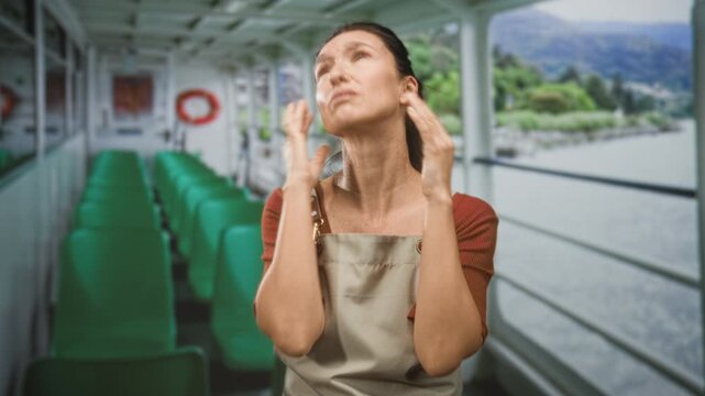Woman in apron pressing temples and cupping face with hands among green seats and lifering on a ferry building deck by a river; nausea travel.