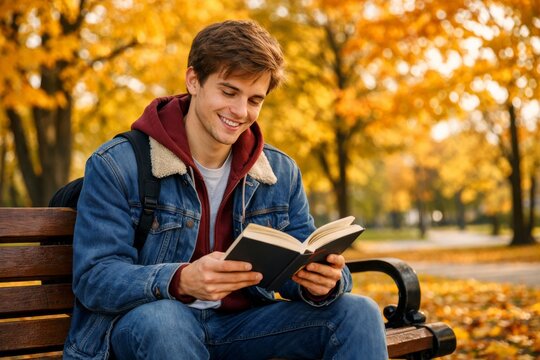 Young man reading a book on a park bench during autumn among fallen leaves for seasonal study background and campus lifestyle