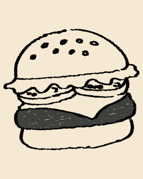 Hand Drawn Hamburger with Sesame Bun in Rough Sketch Style on Beige Background