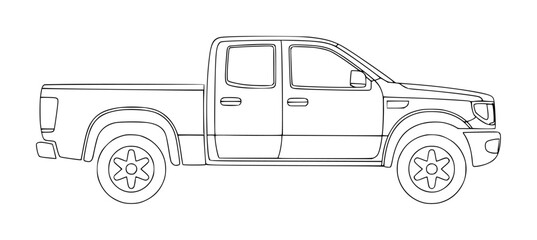 A simple black and white line of a modern pickup truck viewed from the side profile for coloring © Abdul