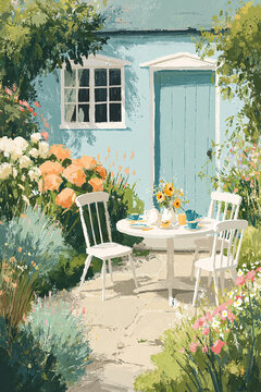Idyllic cottage garden patio setting for an outdoor tea gathering, surrounded by blooming flowers, green plants, and a charming blue house