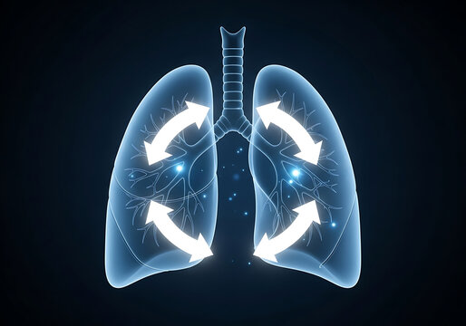 Lungs breathing process illustration with arrows, isolated on transparent background