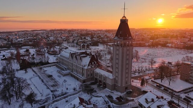 Beautiful Wladyslawowo city at the Baltic Sea at snowy winter, Poland.