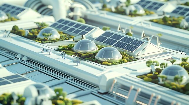 Futuristic Sustainable Cityscape Featuring Solar Panels and Green Rooftop Architecture