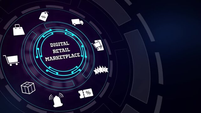 Connecting global suppliers and consumers through an advanced digital retail marketplace control board display on dark background
