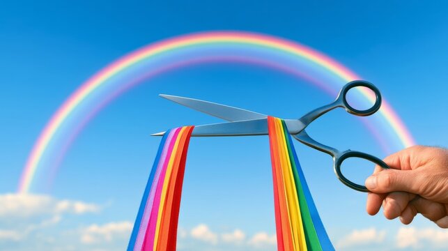 Surreal rainbow being snipped in half with drooping color ends
