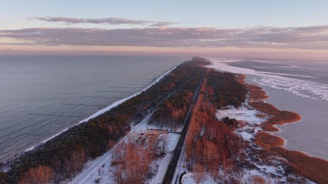 Beautiful Wladyslawowo city at the Baltic Sea at snowy winter, Poland.