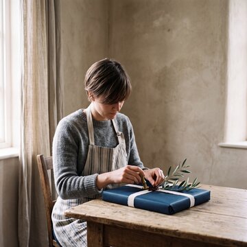 Woman carefully sealing a navy blue wrapped gift box with a wax stamp and olive branch at a rustic wooden table
