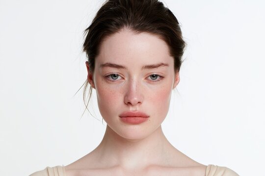 Natural beauty portrait of a young woman with soft expression in a white studio setting