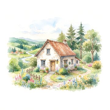 Charming Country Cottage in a Blooming Flower Garden Watercolor Illustration