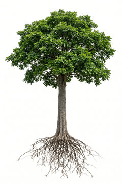 Khaya &mdash; Mature Khaya tree, large tropical green canopy, thick straight trunk, exposed visible roots, 23 ratio, isolated on seamless pure white background