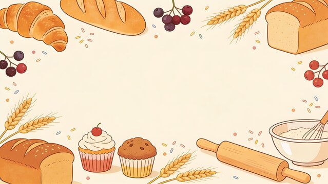 Bread, cupcakes and baking tools flatlay &mdash; background for bakery, recipes and cooking classes