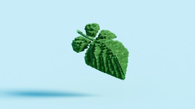 A single voxel leaf floats in the air, created from cubes. The design features a simple and minimal look with a lot of empty background.
